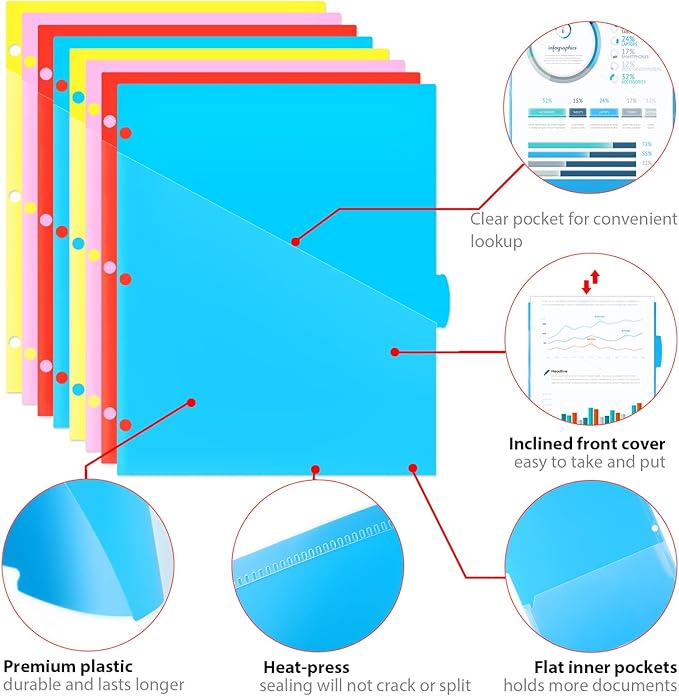 8 Tabs Plastic Dividers with 2 Clear Pockets - 6 Sets, Pocket Dividers for 3-Ring Binders, Multi-Color Binder Dividers, Total 48 Tabs