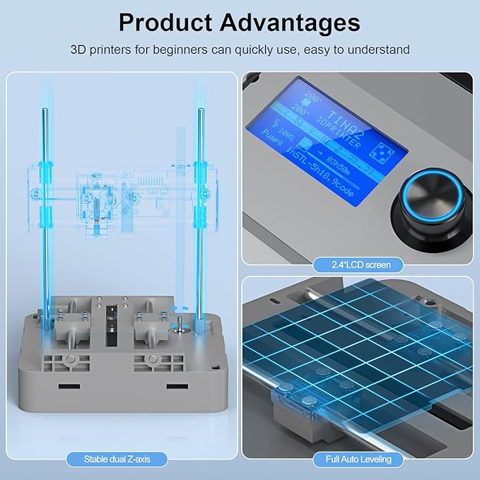 3D Printers Tina2 Basic, Fully Assembled and Auto Leveling 3D Printer for Beginners and Kids, Removable Magnetic Platform, High Precision Printing FDM Mini 3D Printer for Home and School