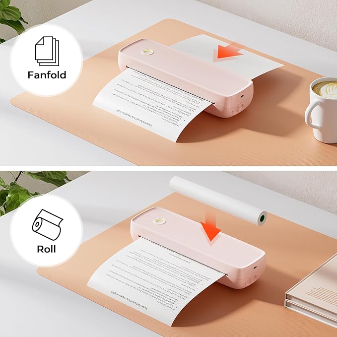 MUNBYN Portable Wireless Printer ITP04, Thermal Bluetooth Printer, Support 8.5x11&A4 Thermal Paper, Inkless, Compatible with Android & iOS Phone & Laptop, Small (Pink)