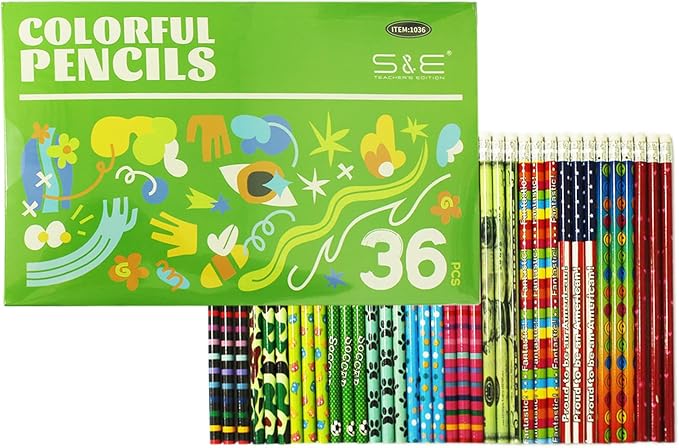 S & E TEACHER'S EDITION 36pcs Assorted Colorful Pencils, Wooden Pencil with Eraser, Pencil Assortment, Novelty Kids Pencils,Awards & Incentives, No. 2 HB, Back to school, 12 Designs.