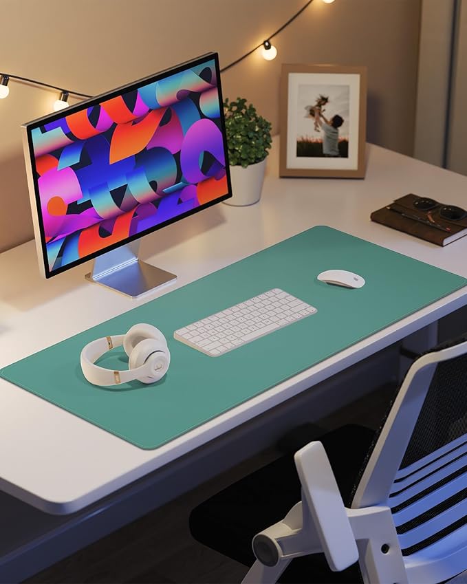Leather Desk Pad Protector, Mouse Pad, Office Mat, Non-Slip PU Leather Blotter, Laptop Desk Pad, Waterproof Writing Pad for Office and Home (Light Green, 31.5" x 15.7")