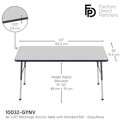 Factory Direct Partners FDP Rectangle Activity School and Office Table (36 x 60 inch), Standard Legs with Ball Glides, Adjustable Height 19-30 inches - Gray Top and Navy Edge