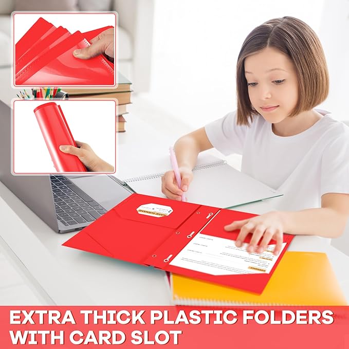 Henoyso 18 Pcs Plastic Folder with Clear Front Pocket and 3 Prong Plastic Folders with Card Slot Pocket Folders with Prongs for School Office (Red)