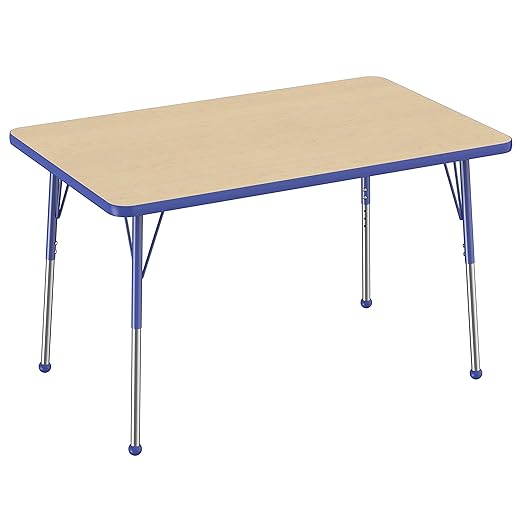 FDP Rectangle Activity School and Office Table (30 x 48 inch), Standard Legs with Ball Glides, Adjustable Height 19-30 inches - Maple Top and Blue Edge