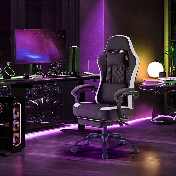 Sweetcrispy Computer Gaming Chair - High Back Ergonomic Desk Chair with Footrest and Lumbar Support, Height Adjustable Task Chair with Linkage Armrests and Headrest, 360° Swivel Wheels, Black