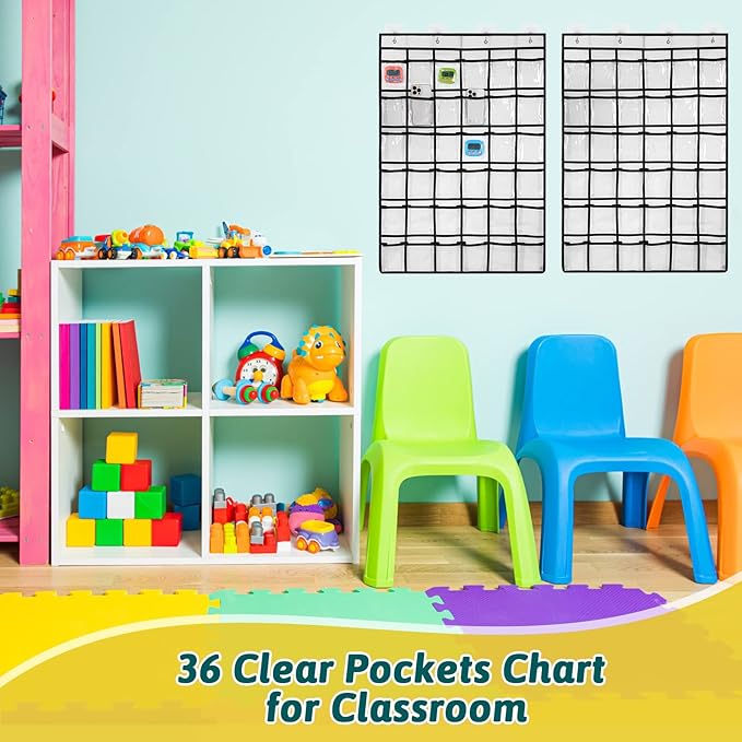 Berlune 6 Pcs 36 Pockets Classroom Pocket Charts for Cell Phones, Clear Pocket Chart Organizer with Number Stickers for School Teacher Classroom Cell Phones Calculator Holder, 37.8 x 26.4 Inches