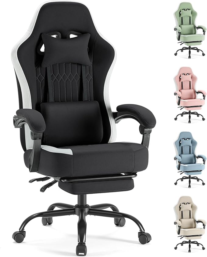 Sweetcrispy Computer Gaming Chair - High Back Ergonomic Desk Chair with Footrest and Lumbar Support, Height Adjustable Task Chair with Linkage Armrests and Headrest, 360° Swivel Wheels, Black