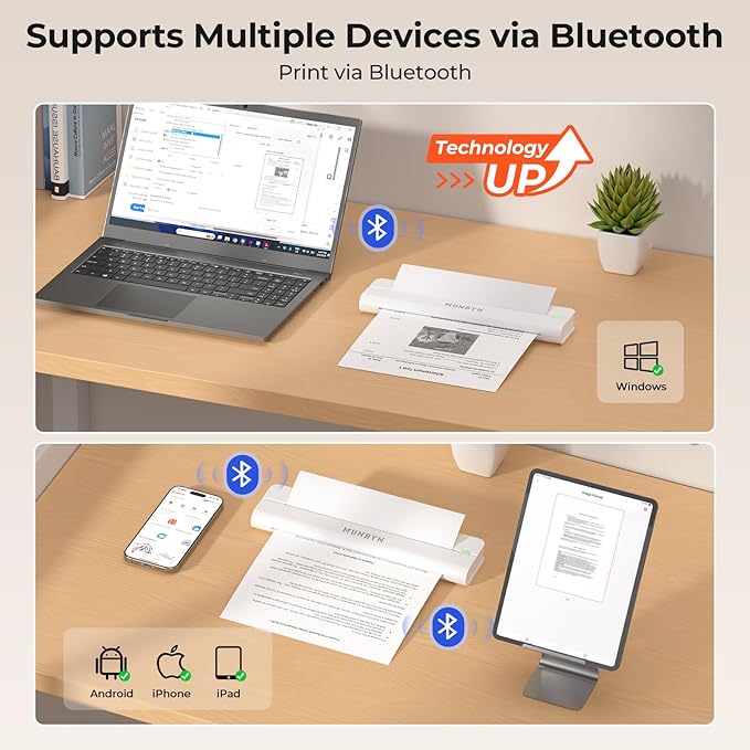 MUNBYN Portable Printers Wireless for Travel ITP02, Portable Printer Bluetooth, Support 8.5"x11" & A4 Thermal Paper, Compatible with Android, iOS & Laptop, Small Printer for Office, School(White)