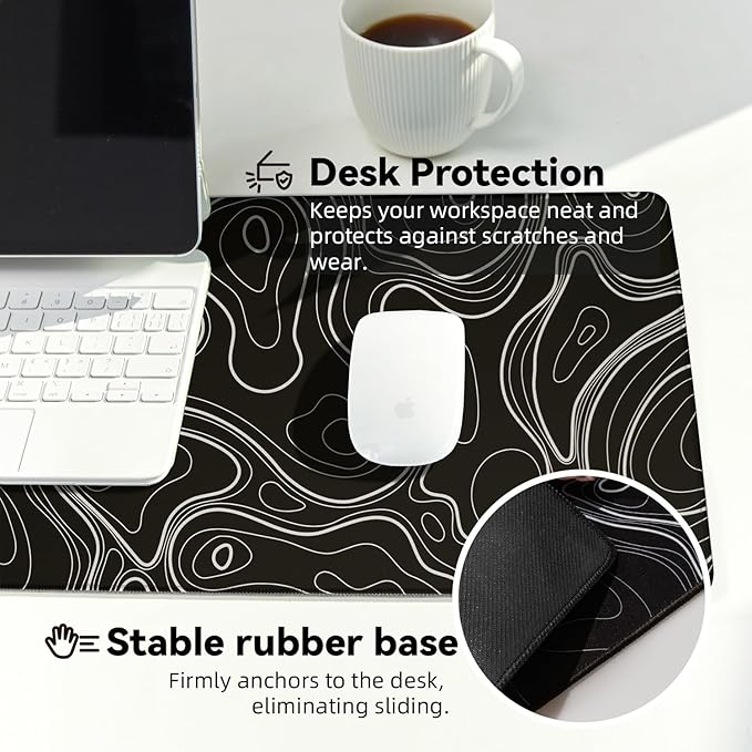 Waterproof Large Gaming Mouse Pad with Durable Stitched Edges, Non-Slip Rubber Base, Smooth Surface Mouse Mat Desk Pad for Home Office Gaming, 31.5"x11.8"x0.12", Black Topographic Map