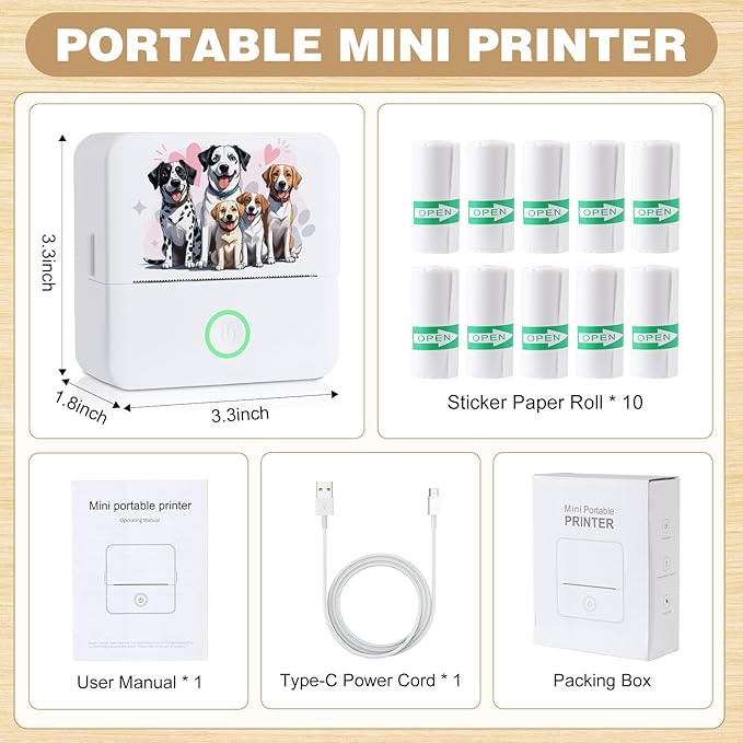 cudinham Print Pods Mini Printer, Thermal Inkless Sticker Maker with 3 Rolls Paper, Pocket Printpod for Phone, Impresora Portátil for Notes, Flashcards, Journal, DIY (Doggie)
