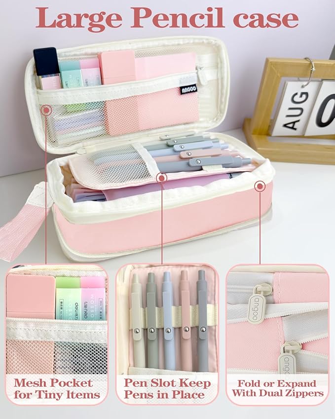 54Pcs Aesthetic School Supplies Set with Large Pastel Pencil Case 12 Dual Tip Highlighters, 6 Gel Pens, 5 Black Pens, 5 Mechanical Pencils (0.5-2.0mm) - Perfect Student & College Essentials Gifts
