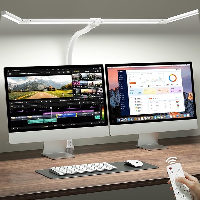 42" LED Desk Lamp with Clamp, Architect Desk Light with Remote, Adjustable 4-Segment Bar, 1800LM Bright, Eye-Caring Desk Lamp for Home Office, Reading, Study, Dual Monitors, Workbench (White)
