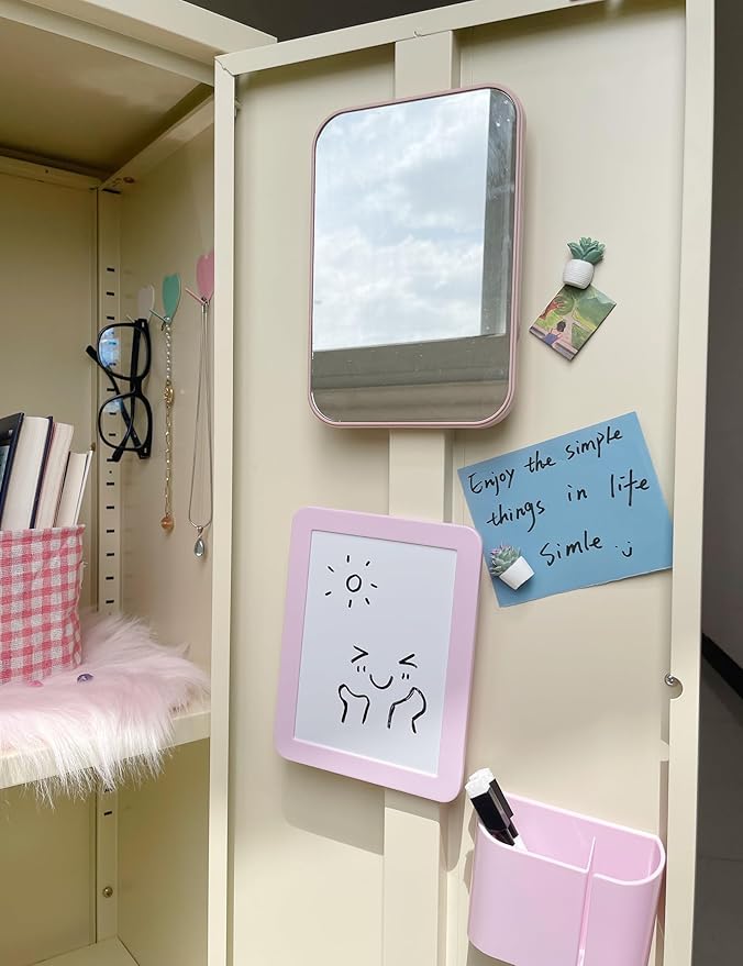 12 Pcs Pink Locker Accessories Kit Locker Organizer for Girls, Magnetic Whiteboard Magnet Locker Mirror Rug Pen Holder Storage Basket Hook, Back to School Locker Kit for School Locker Decor Office