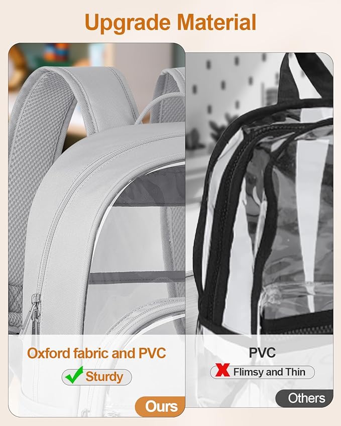 Clear Backpack, Heavy Duty Transparent Bookbag for School, Fabric & PVC Transparent Backpack with Reinforced Strap for Women Men, Capacity Clear Bag for College, Travel, Security, Grey