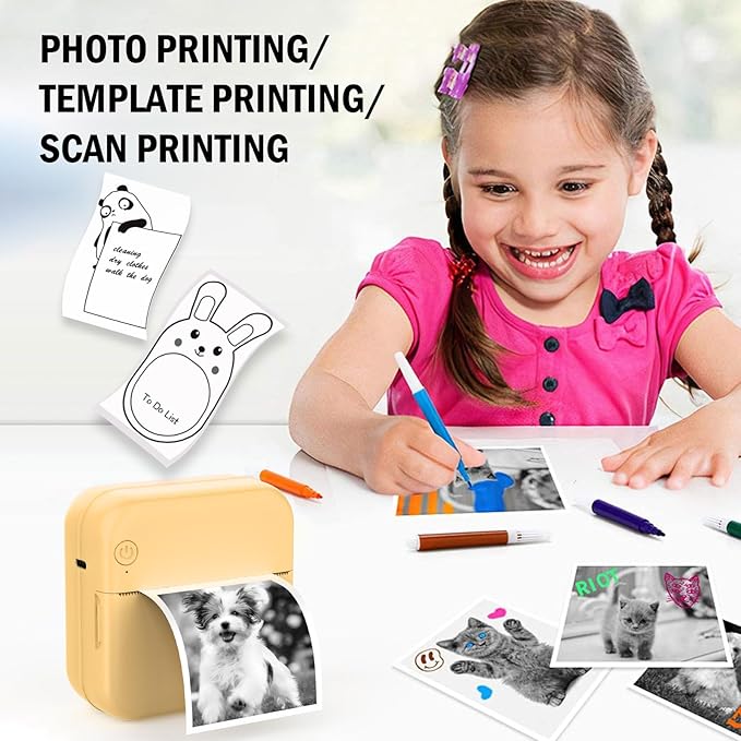 Mini Photo Printer - Portable Pocket Sticker Printers for iPhone Thermal Printer with 10 Rolls Thermal Paper for Photo, Memo, Journal - Yellow