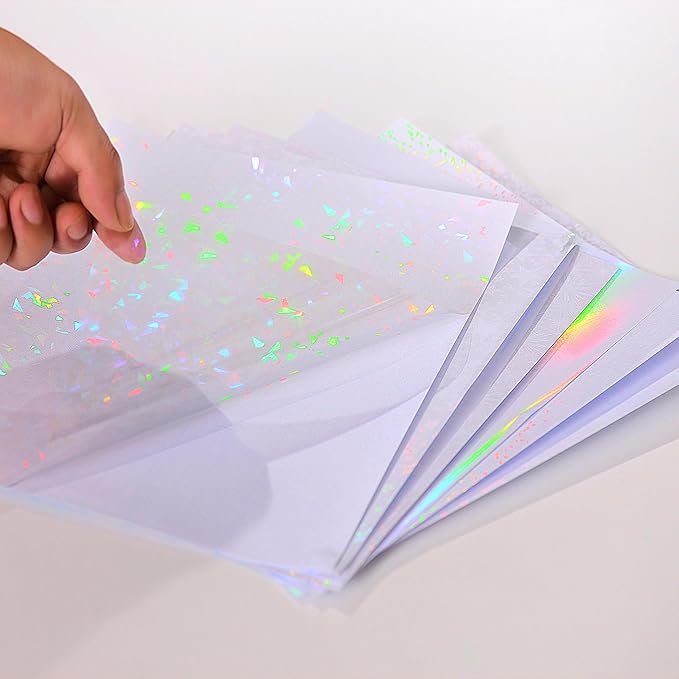 36 Sheets Holographic Sticker Paper, Clear Vinyl Laminate Film for Stickers Waterproof, Transparent Overlay Lamination Sticker Paper Self-Adhesive, 6 Patterns-8.5x11 Inch