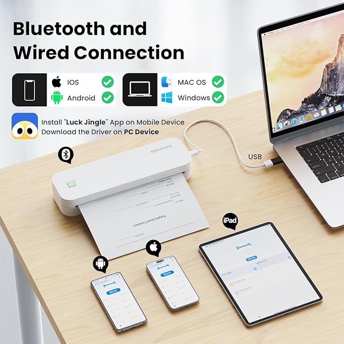 Portable Printer for Travel, Bluetooth Thermal Printer Supports 8.5 x 11 Inch US Letter Size, Compatible with Android and iOS & Laptop Inkless Mobile for Office, Car, School
