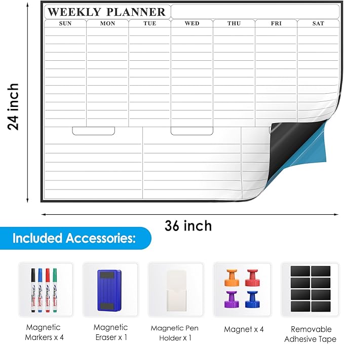 MaxGear 36"x24" Adhesive Dry Erase Calendar Weekly Whiteboard for Wall, Office, Classroom, Home, Drill-Free Installation, 1 Marker Holder, 4 Markers, 1 Eraser, 6 Magnets, Smooth Writing & Erasing