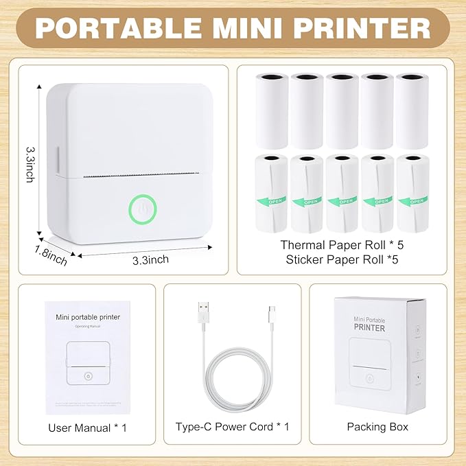 Print Pods Mini Printer, Thermal Inkless Sticker Maker with 10 Rolls Printing Paper, Pocket Printpod for phone, Impresora Portátil for Notes, Flashcards, Journal, DIY, Compatible with iOS & Android