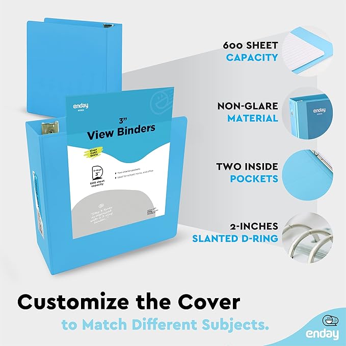 3 Slant D-Ring Binder 3 Inch Blue, 3 in Clear View Cover with 2 Inside Pockets Binder, Heavy Duty Colored School Supplies Binders,Also Available in Green, Grey, Purple, Red, Pink (12 PC) – by Enday