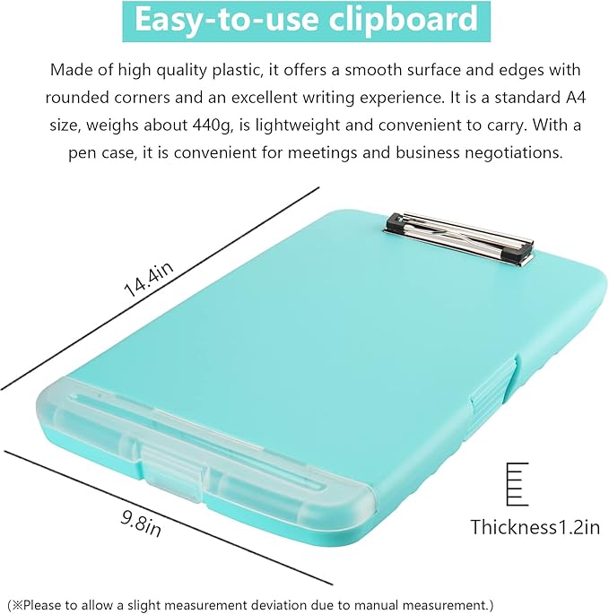 Clipboard with Storage,A4 Clipboards with Pen Holder,Heavy Duty Plastic Storage Clipboard with Low Profile Clip,Nursing Clipboards Folder Side-Opening,Smooth Writing Clip Board for Office-Blue Green