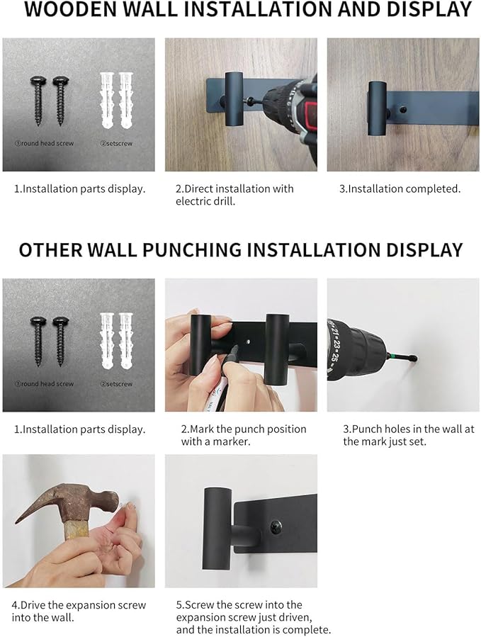 Coat Rack Wall Mounted with 5 Hooks,Metal Wall Hooks for Hanging Towel Coat Bag, Stainless Steel Coat Hooks Hat Rack Coat Hanger Towel Hooks for Entryway Bathroom Kitchen (Black, 2 Packs)