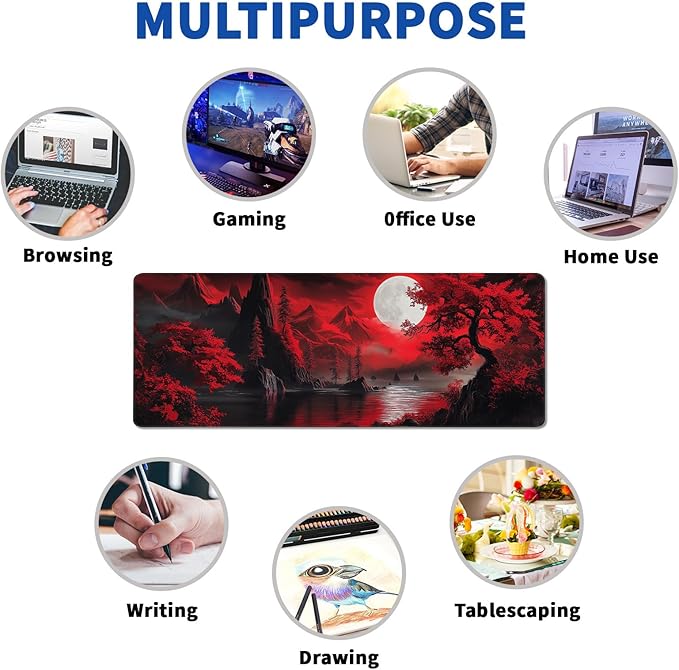 Darkness Red Moon Mouse Pad Abstract Red Mouse Pad 31.5x11.8 Inch Geometric Texture Non-Slip Rubber Base Large Mousepad Stitched Edges Keyboard Mouse Mat Desk Pad for Office and Home