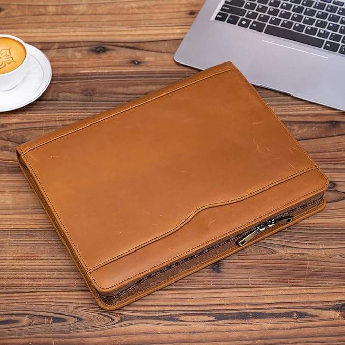 Professional Leather Business Padfolio Portfolio Case, 3 Ring Binder,Zippered Business Document Organizer Folder Tablet Pad Folio,with Letter Size Notepad (Brown Standard)