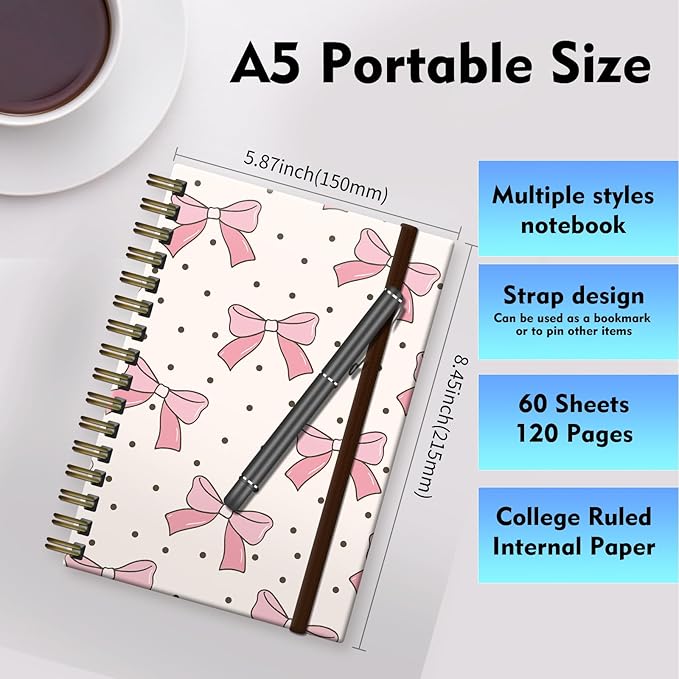 Cute Spiral Journal Notebook,A5 Hardcover Lined Journals for Women Girl 6 x 8.3 in,120 Pages Thick Paper,Cute College Ruled Writing Notebook for Gifts Office Work School (Cute pink bows)
