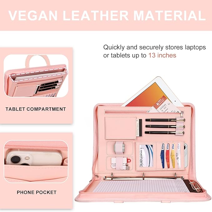 Leathario 3-Ring Portfolio Binder, Includes 5 Folder Index Dividers, 13 Inch Tablets Organizer with Handle, Vegan Leather A4 Padfolio, Multi-Pocket Notepad Business Planner Professional Document