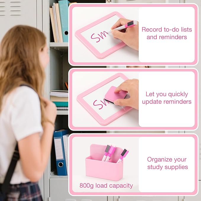 MoKo Locker Accessories Set, 15PCS Back to School Supplies Includes Magnetic Mirror, Whiteboard, Markers, Pen Holder, and Magnets, Locker Organizer for School Office (Pink)