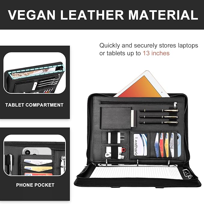 Leathario 3-Ring Portfolio Binder, Includes 5 Folder Index Dividers, 13 Inch Tablets Organizer with Handle, Vegan Leather A4 Padfolio, Multi-Pocket Notepad Business Planner Professional Document