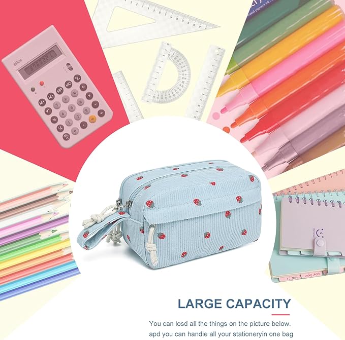 Bluboon Big Capacity Pencil Case Pencil Pouch Pen Case School Supplies Cute Pencil Box Pencil Bag for Teen Girls Boys Women Man (Strawberry Blue)