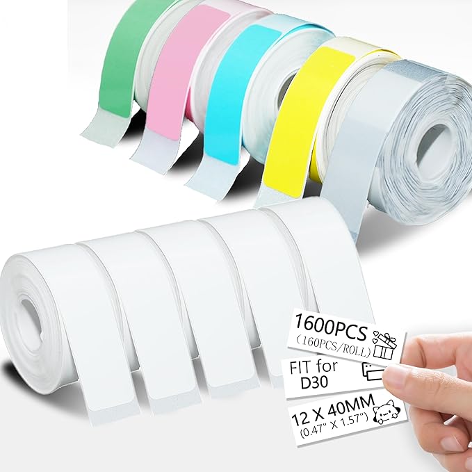 960 Pcs Colorful D30 Label Tape, D30 Label Maker Tape, Smart Mini Label Maker Refill D30, Thermal Printer Paper, Self-Adhesive Sticker Replacement,12x40mm,160 Labels/Roll, 10 Rolls