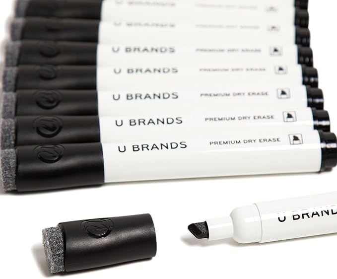 U Brands Fine Tip Dry Erase Markers with Eraser, Whiteboard Markers with Chisel tip, Low Odor, Black, Set of 12