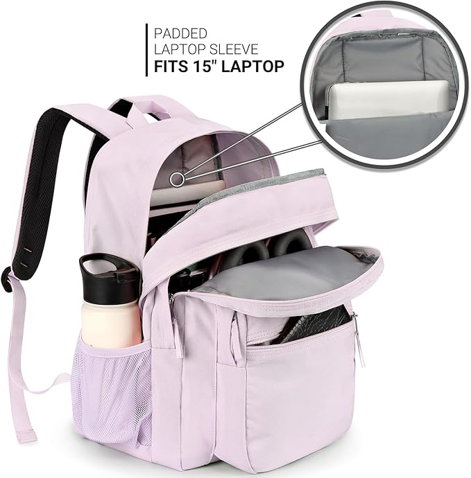 ZORFIN 26L Backpack for School, College, and Travel: Water Resistant Bookbag with 8 Compartments - Lavender