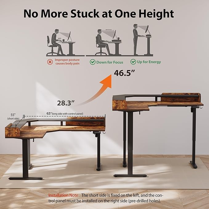 Agilestic L Shaped Standing Desk, Adjustable Height Corner Gaming Desk with Shelf, Sit Stand Up Desk, 63 x 55 Inch Home Office Computer Table, Rustic Brown
