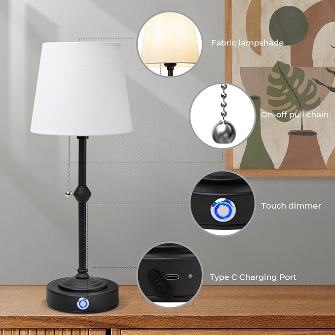 Portable Rechargeable Cordless Table Lamp: Birthday Gifts for Women Mom, House Warming Gifts New Home Decor, 5200mAh Adjustable Light Battery Powered Table Lamp (Black)