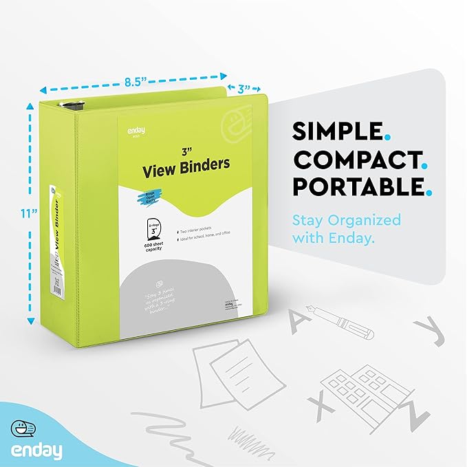 3 Slant D-Ring Binder 3 Inch Green, 3 in Clear View Cover with 2 Inside Pockets Binder, Heavy Duty Colored School Supplies Binders,Also Available in Red, Grey, Purple, Blue, Pink (24 PC) – by Enday