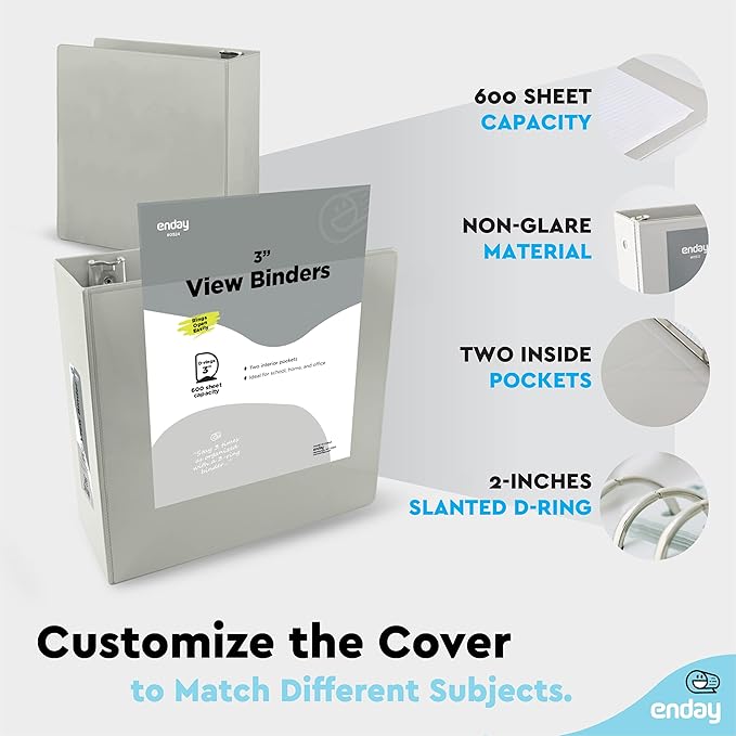 3 Slant D-Ring Binder 3 Inch Grey, 3 in Clear View Cover with 2 Inside Pockets Binder, Heavy Duty Colored School Supplies Binders,Also Available in Green, Red, Purple, Blue, Pink (6 PC) – by Enday
