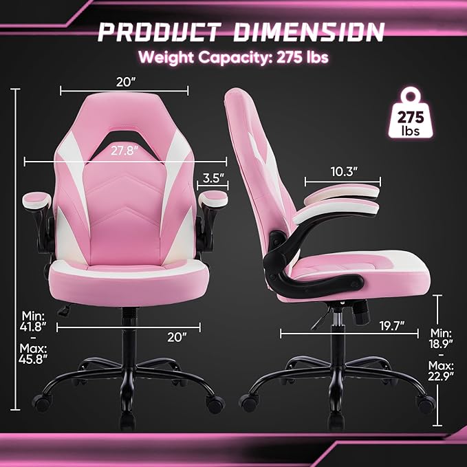 DUMOS Gaming Ergonomic Office Chair for Adults, Height Adjustable Computer Desk Chair with Flip-up Armrests, PU Leather Swivel Video Game Chair with 360° Rolling Wheels, Pink