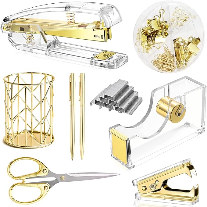 Famassi Gold Desk Accessories,Office Supplies Set Acrylic Stapler Set Staple Remover, Tape/Pen Holder, 2 Ballpoint Pen, Scissor, Binder/Paper Clips and 1000pcs Staples.