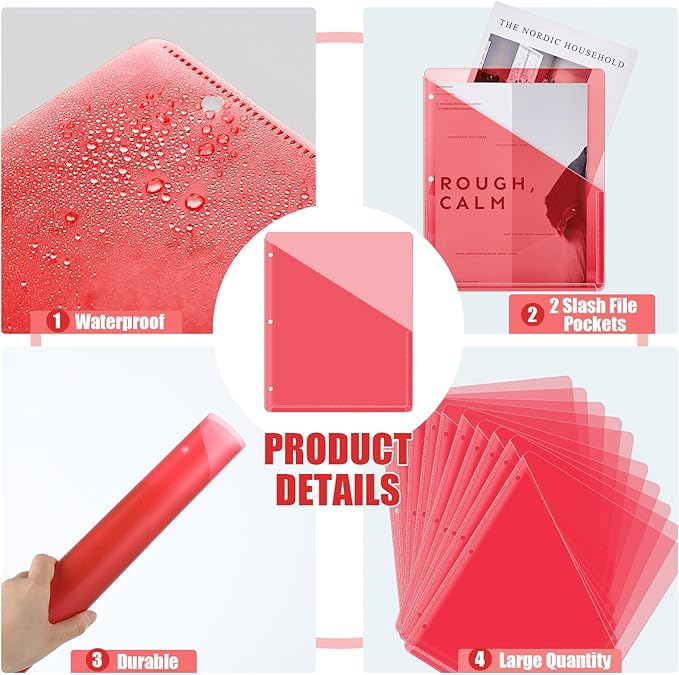 Seajan 48 Pcs Pocket Folders for 3 Ring Binder Clear Plastic Folders Sleeves with 2 Pockets 3 Hole Punch Binder Dividers Poly Slash File Jackets for Office School Document Organizer (Red)