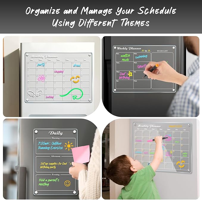 DIYMAG Planning Pads 3Pack Acrylic Magnetic Dry Erase Calendar for Fridge, Clear Acrylic Calendar Planning Board Set 2025 Magnetic Weekly Monthly Planner Memo Board for Refrigerator with 6 Highlight
