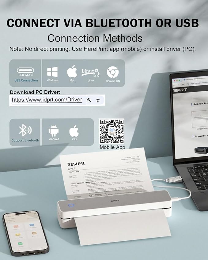 iDPRT Inkless Portable Printer for Travel, 300DPI Wireless Thermal Printer Support 8.5" x 11" US Letter, A4, Small Bluetooth Printers Compatible with iOS, Android Laptop for Home Office Car, Grey