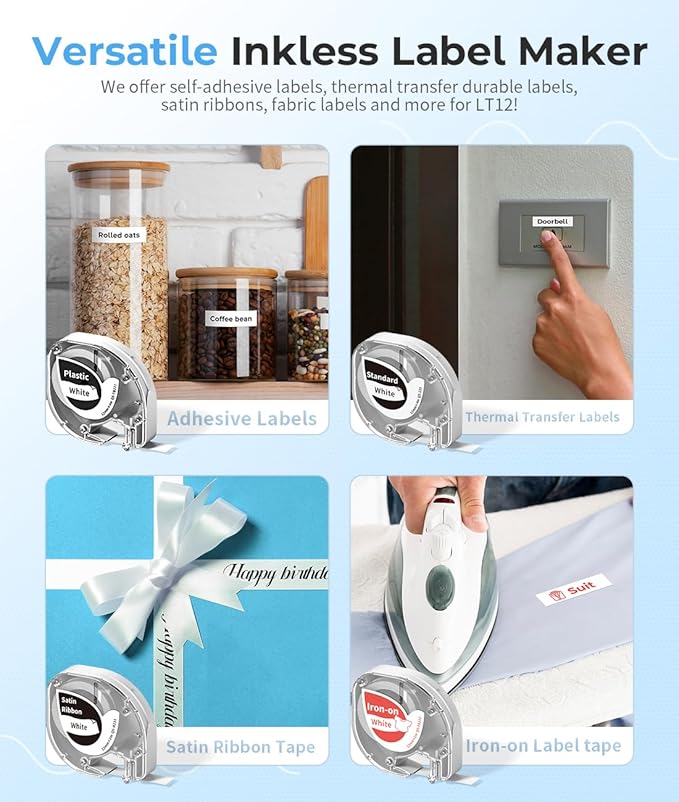 Phomemo LT12 Label Maker Machine with Tape, Rechargeable Label Makers with Waterproof Labels Portable Bluetooth Handheld Labeler with QWERTY Keyboard & 1600+ Icons, 30+ Fonts, for Home, Office, White