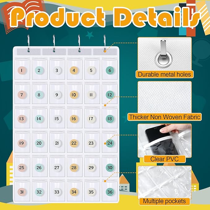 36 Pocket Chart for Cell Phones Calculator Holder Organizer with 36 Number Stickers and 4 Hooks for Calculator Clear Classroom Pocket Chart for Cell Phones(Boho)