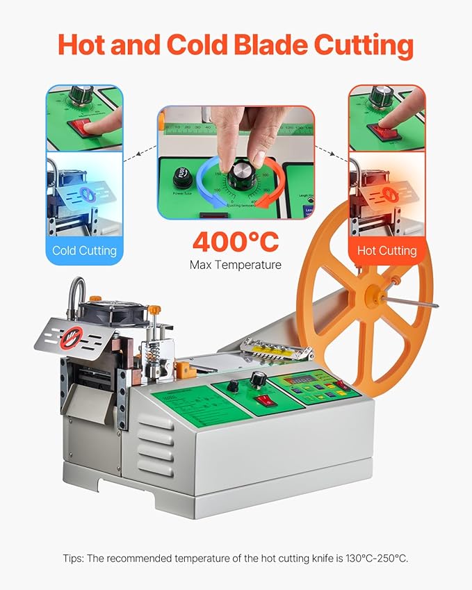 VEVOR Automatic Webbing Cutting Machine, Hot and Cold Ribbon Cutting Machine with Adjustable Temperature and LCD Display, Auto Zipper Tapes Cutter for Nylon Webbing, Elastic Bands, Shoelaces
