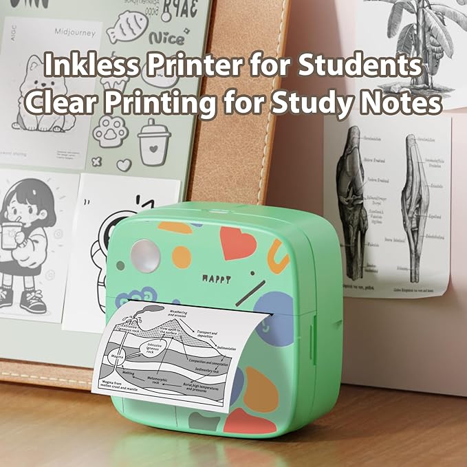 Wireless Printer with 9 Rolls Thermal Paper, Bluetooth Portable Thermal Printer Compatible with iOS & Android, Pocket Inkless Mini Sticker Printer, Label Maker Machine for Study, Journal, Memo, Green