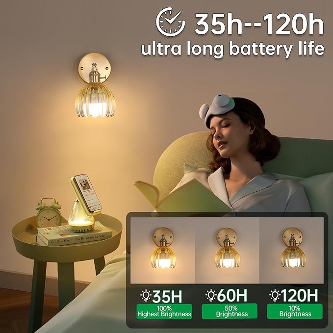 Vintage 5000 mAh Battery Operated Wall Sconce with Yellow Clear Tulip Gradient Glass Lampshade Rechargeable Battery Powered Wall Light with Remote Control for Bedroom, Set of 2